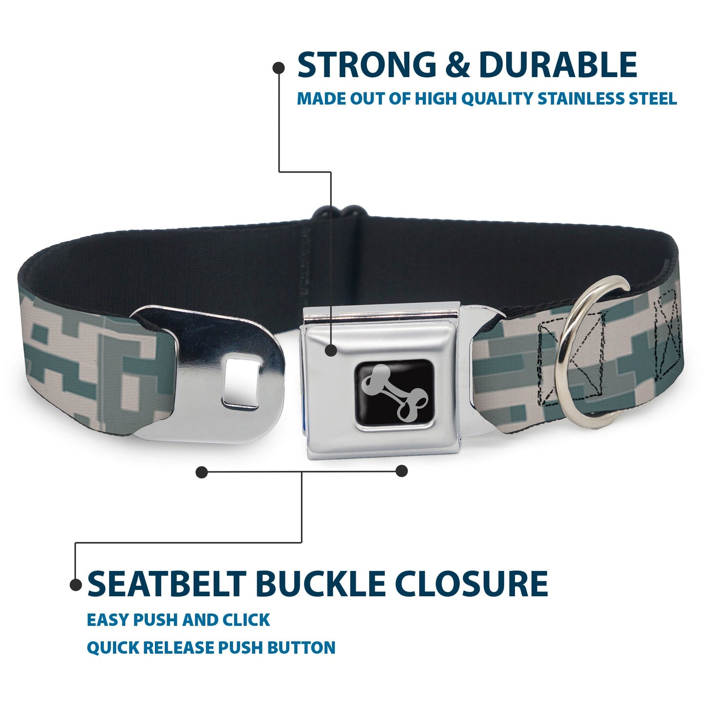 Dog Bone Black/Silver Seatbelt Buckle Collar - Digital Camo2 Grays