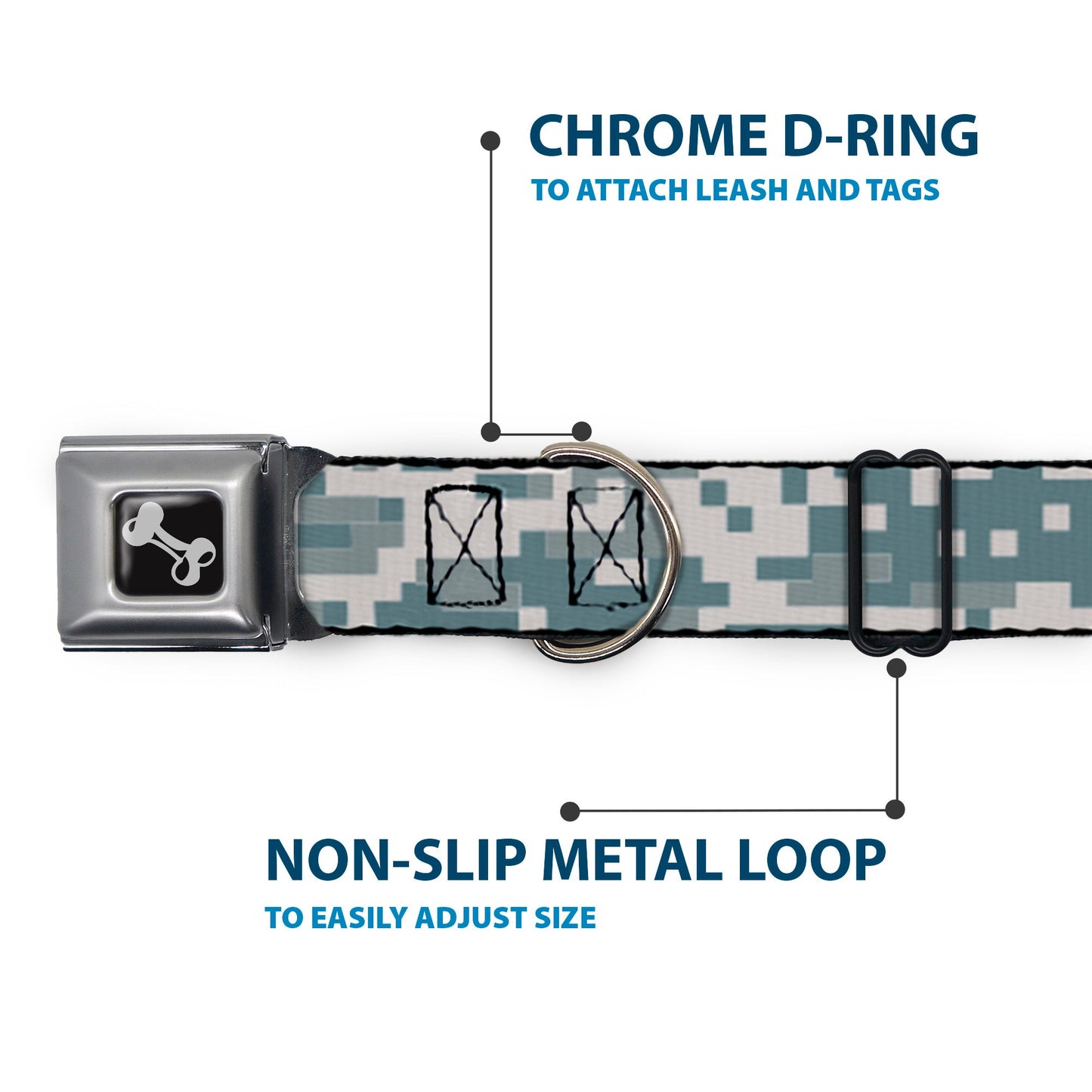 Dog Bone Black/Silver Seatbelt Buckle Collar - Digital Camo2 Grays