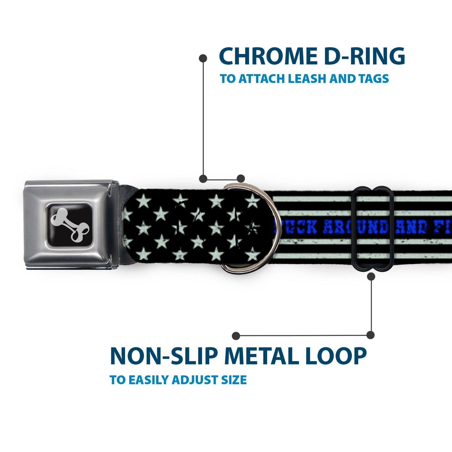 Dog Bone Black/Silver Seatbelt Buckle Collar - FAFO FUCK AROUND AND FIND OUT Thin Blue Line Flag