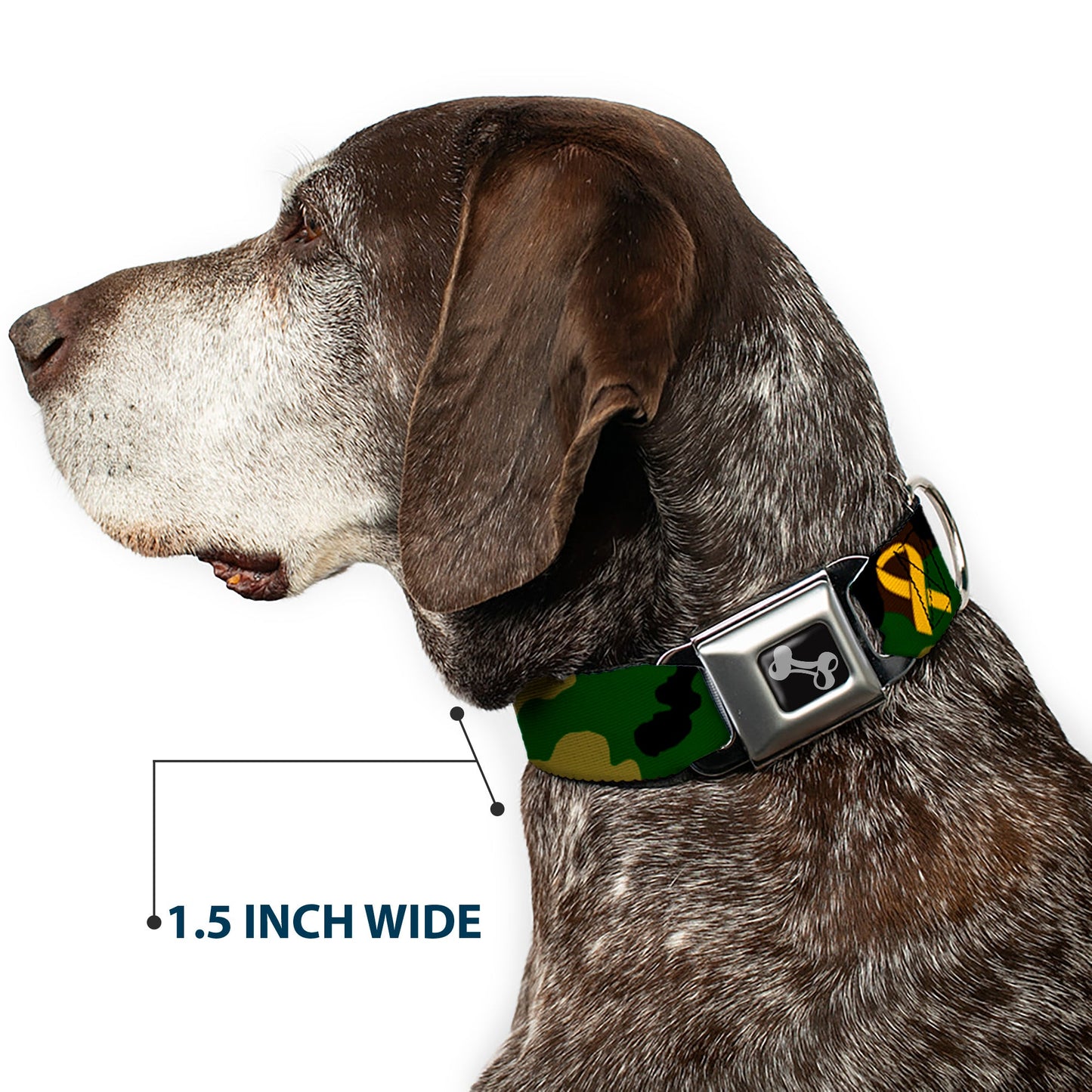 Dog Bone Seatbelt Buckle Collar - Support Our Troops Camo Olive/Yellow Ribbon