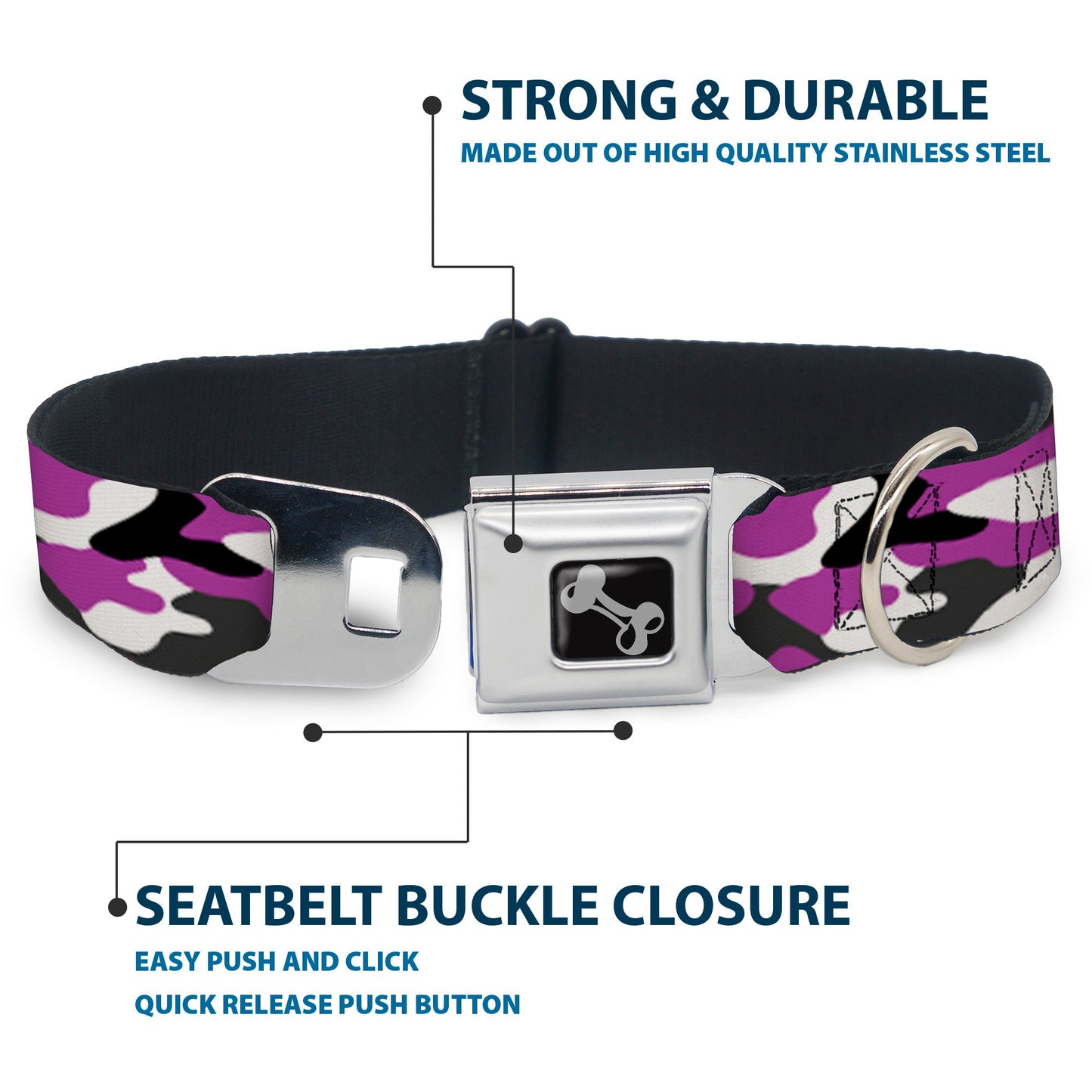 Dog Bone Black/Silver Seatbelt Buckle Collar - Camo Purple/Black/Gray/White