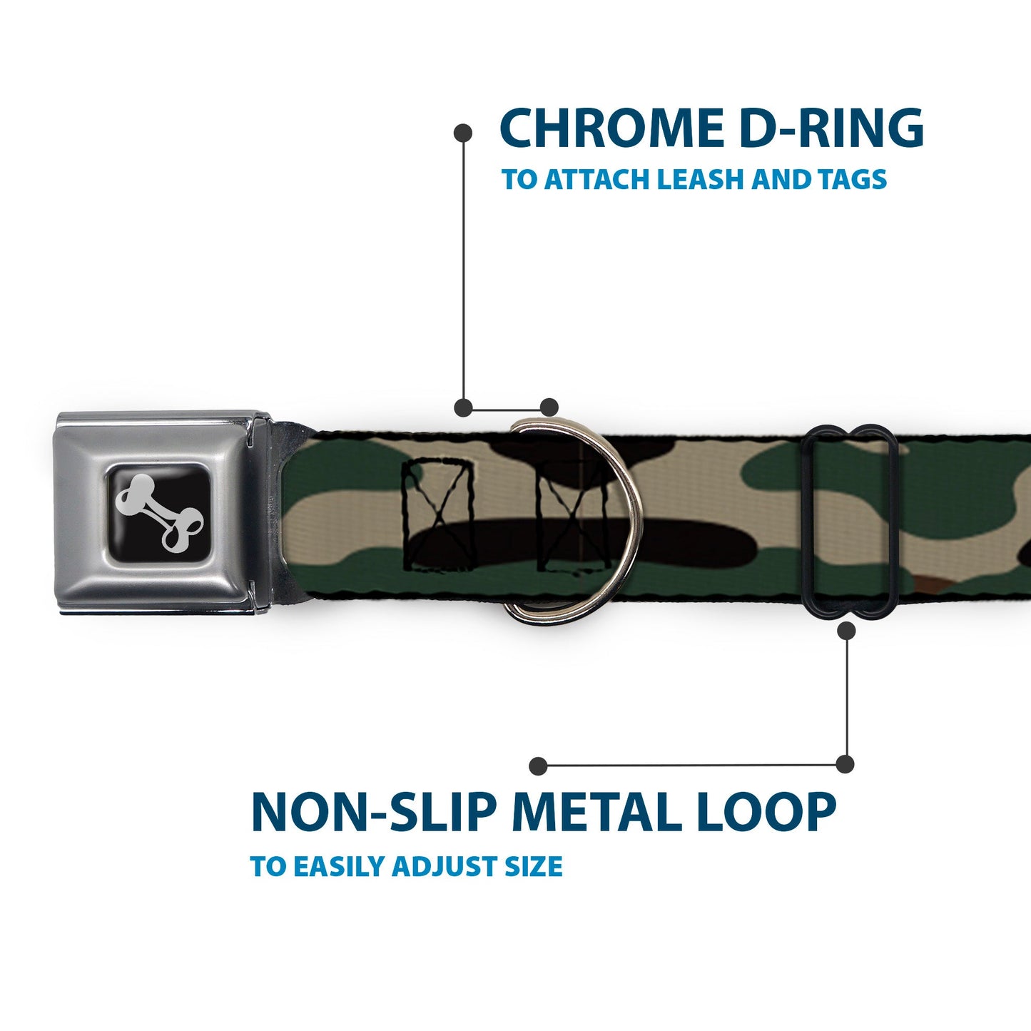 Dog Bone Black/Silver Seatbelt Buckle Collar - Camo Olive3