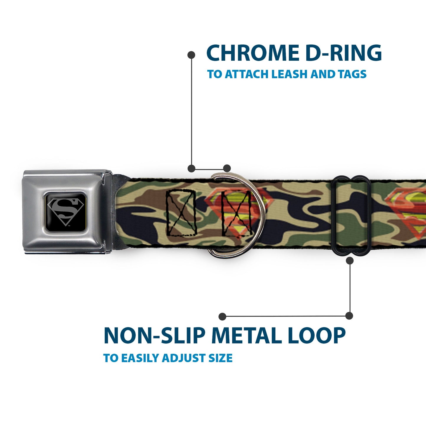 Superman Black Silver Seatbelt Buckle Collar - Superman Shield Camo Olive