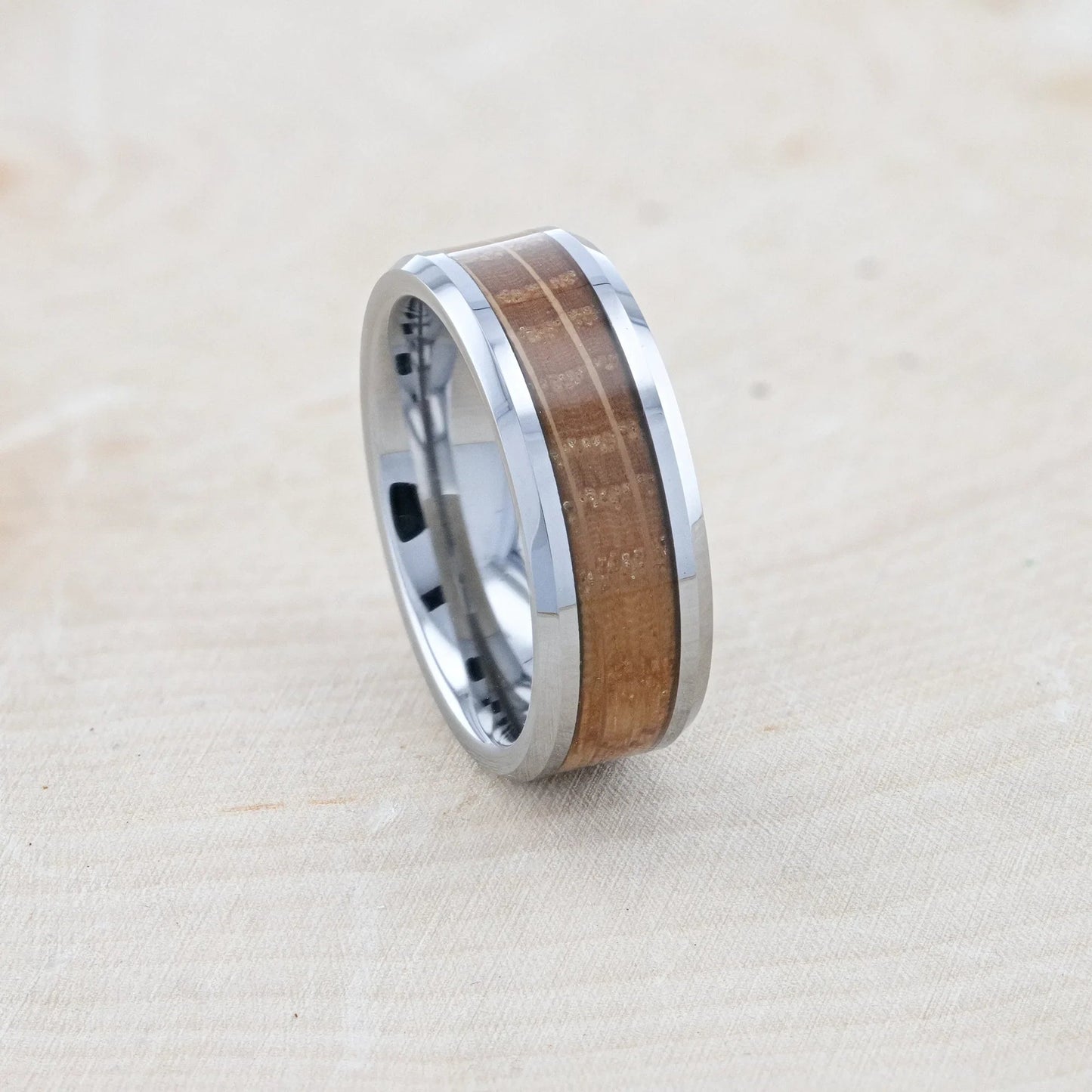 DISTILLED Whiskey Barrel Inlaid Tungsten Men's Wedding Band With Beveled Polished Edges Made From Genuine Whiskey Barrels - 8mm