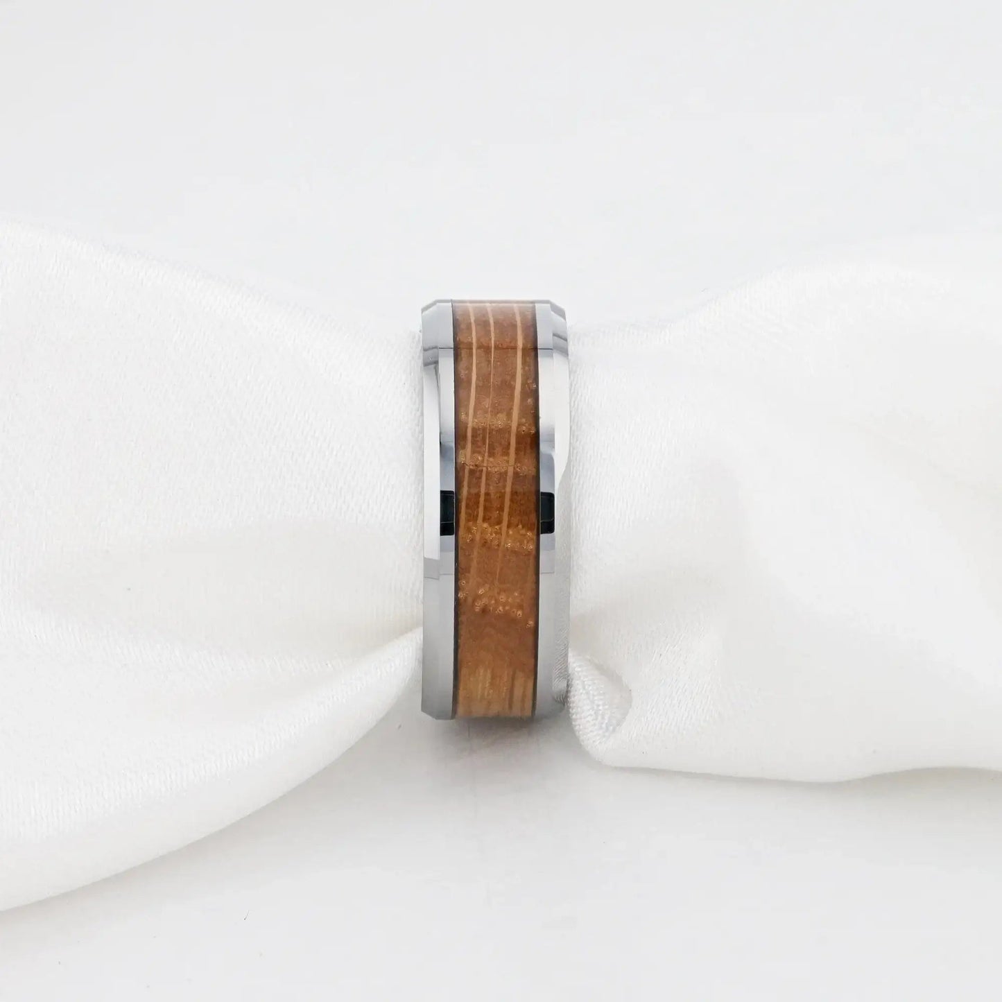 DISTILLED Whiskey Barrel Inlaid Tungsten Men's Wedding Band With Beveled Polished Edges Made From Genuine Whiskey Barrels - 8mm