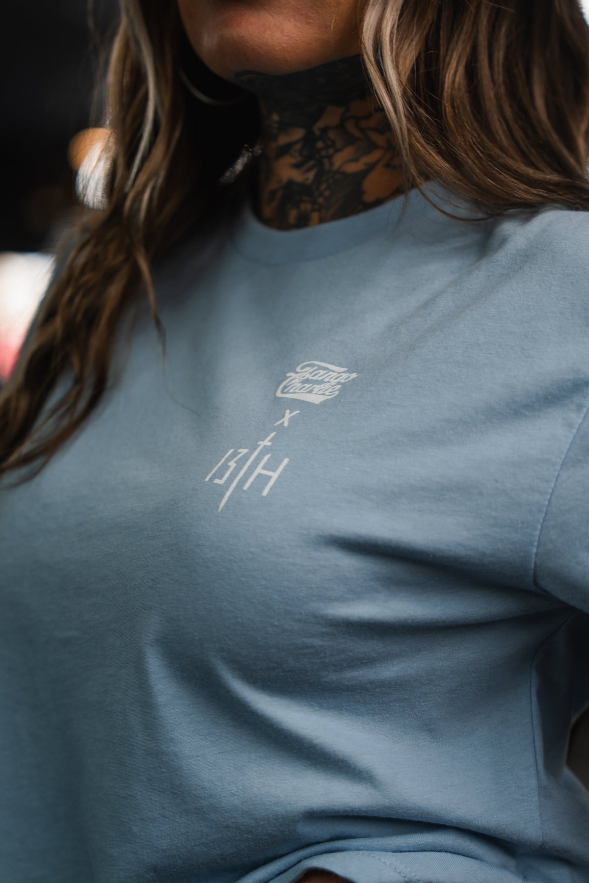 Lift Heavy. Pray Hard. - Baby Blue Women's Crop Tee