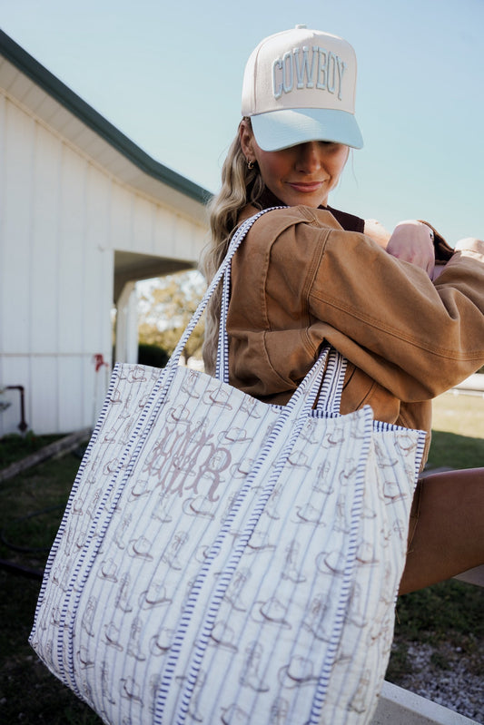 Western Blues Quilted Tote Bag | Customizable