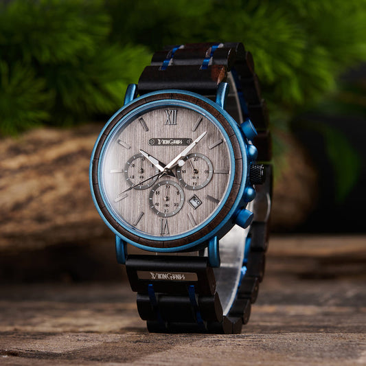 Black & Blue Wooden Chronograph Watch