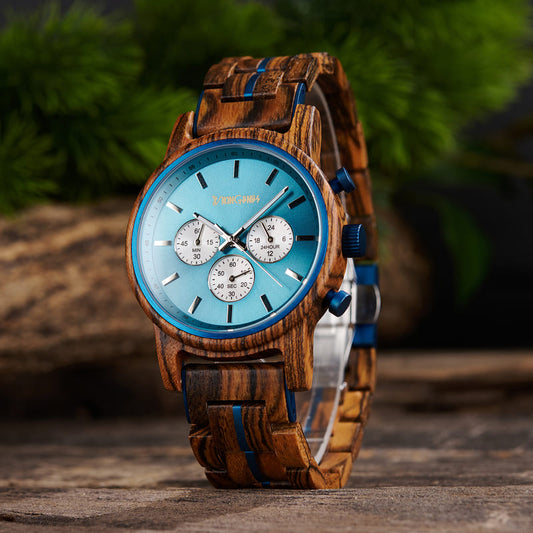 Blue & Zebrawood Chronograph Wooden Watch