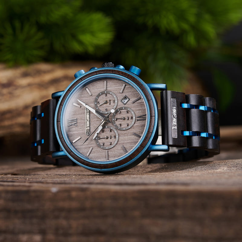 Black & Blue Wooden Chronograph Watch