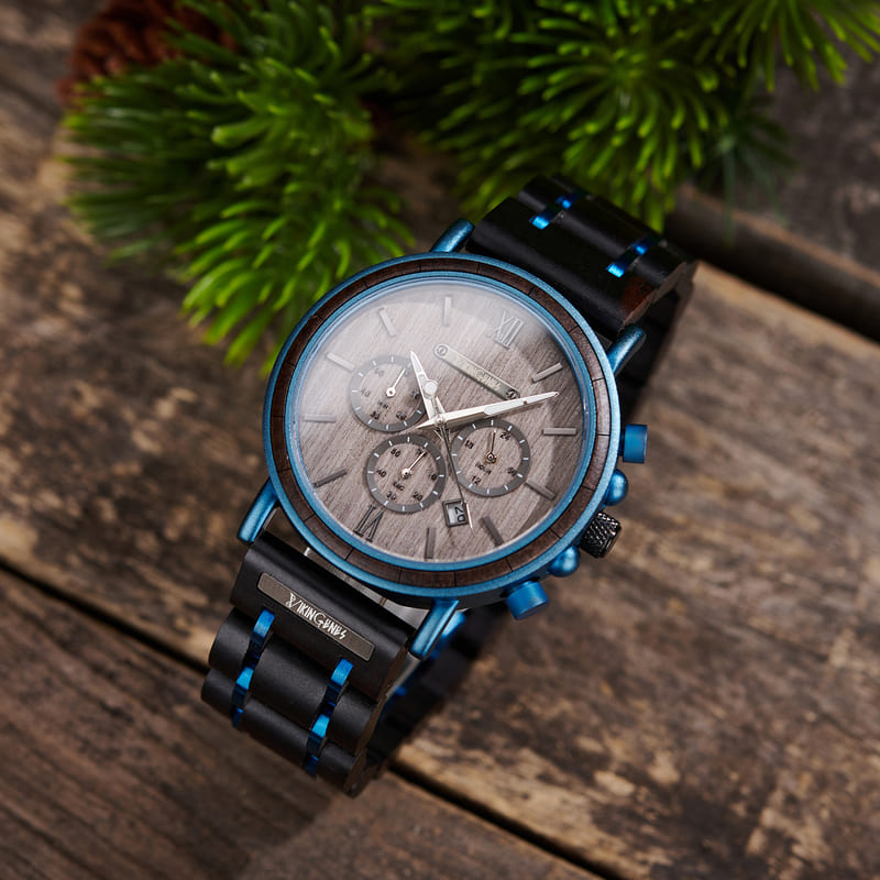 Black & Blue Wooden Chronograph Watch
