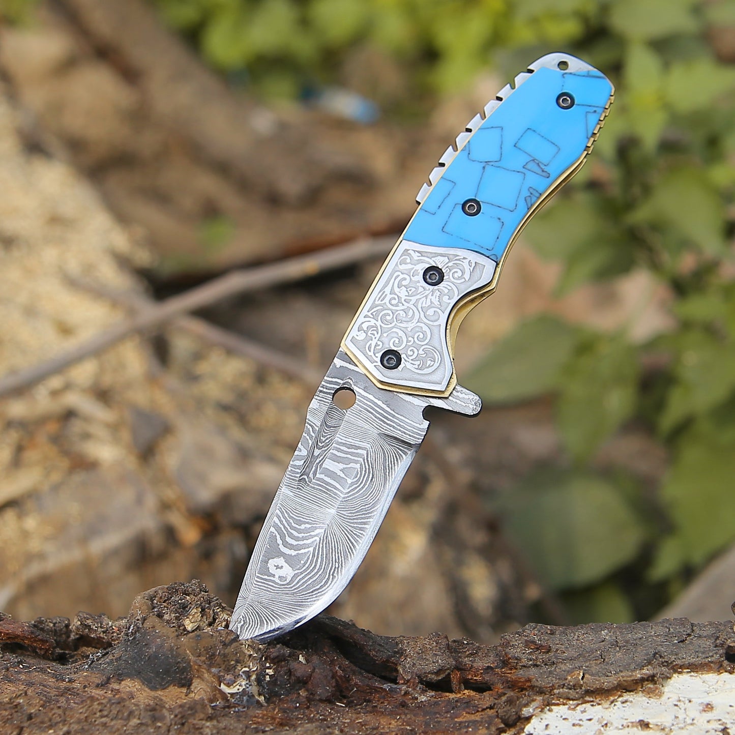 Reckoner Damascus Folding Knife with Turquoise Resin Handle