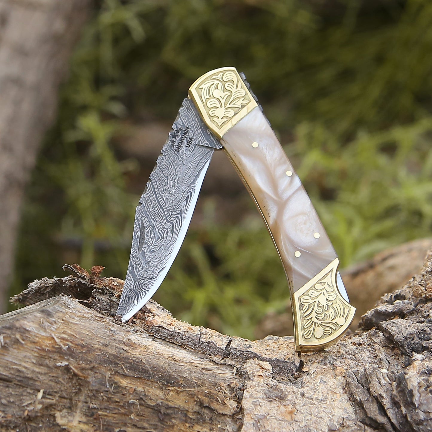 Thunderblade Handmade Damascus Pocket Knife with Leather Sheath & Mother of Pearl Resin