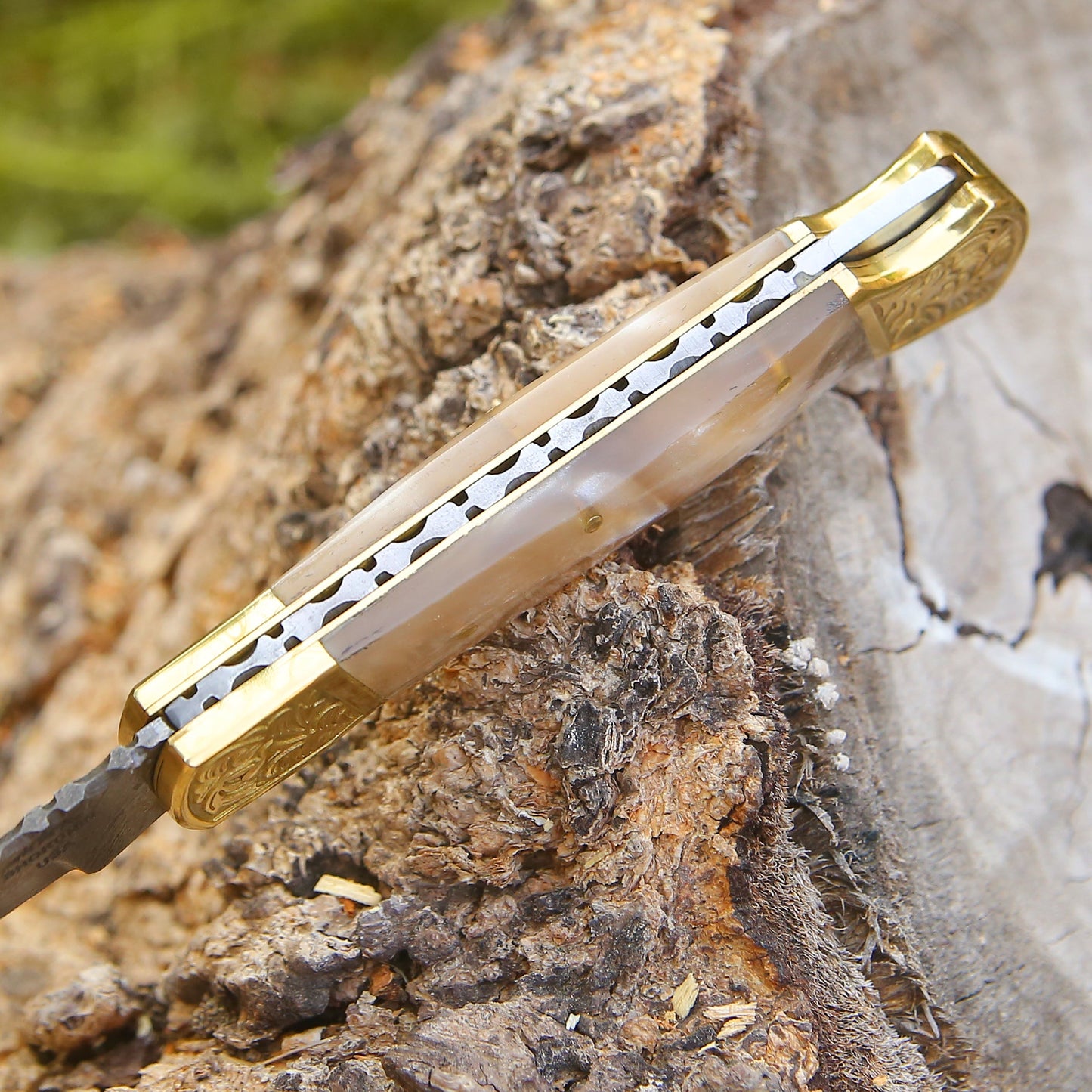 Thunderblade Handmade Damascus Pocket Knife with Leather Sheath & Mother of Pearl Resin