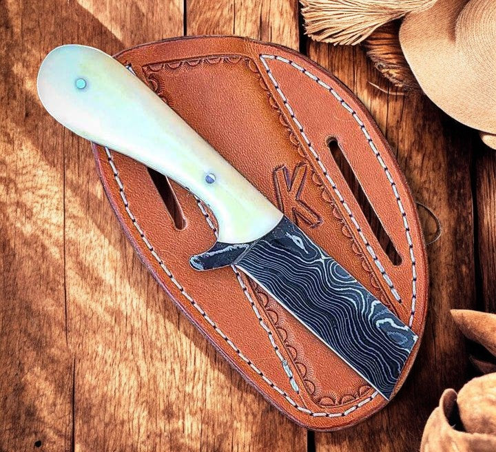 Premium Damascus Steel Bull Cutter Knife - 8" Handforged with Bone Handle & Western Sheath
