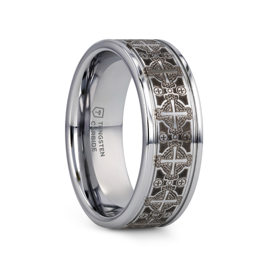 DEACON Flat Tungsten Ring Laser Engraved Celtic Crosses - 8mm