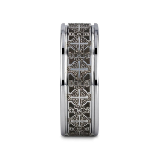 DEACON Flat Tungsten Ring Laser Engraved Celtic Crosses - 8mm