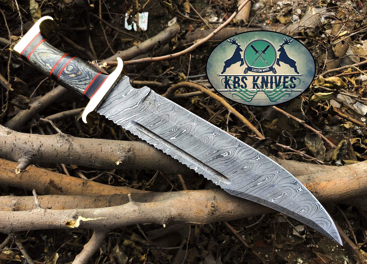 Western Outlaw Bowie Knife - Custom Handcrafted Damascus Steel Blade, Exotic Wood Handle, Red Fiber Spacers, Brass Guards, 16" Overall Length | Leather Sheath | KBS Knives