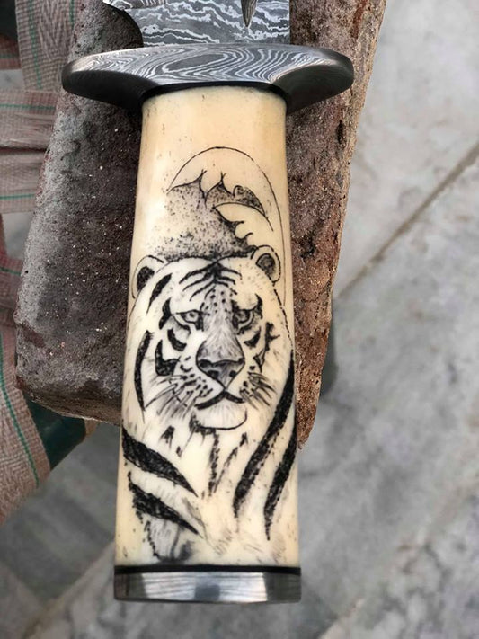 Hand Engraved Hunting Bowie Knife - Custom Handcrafted Damascus Steel Blade, Hand Engraved Bone Handle, Damascus Guard, 12" Overall Length | Leather Sheath | Personalized Engraving Available | KBS Knives