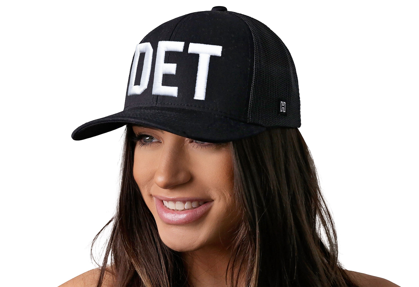 Detroit White Block Trucker Hat  |  Black Michigan Snapback