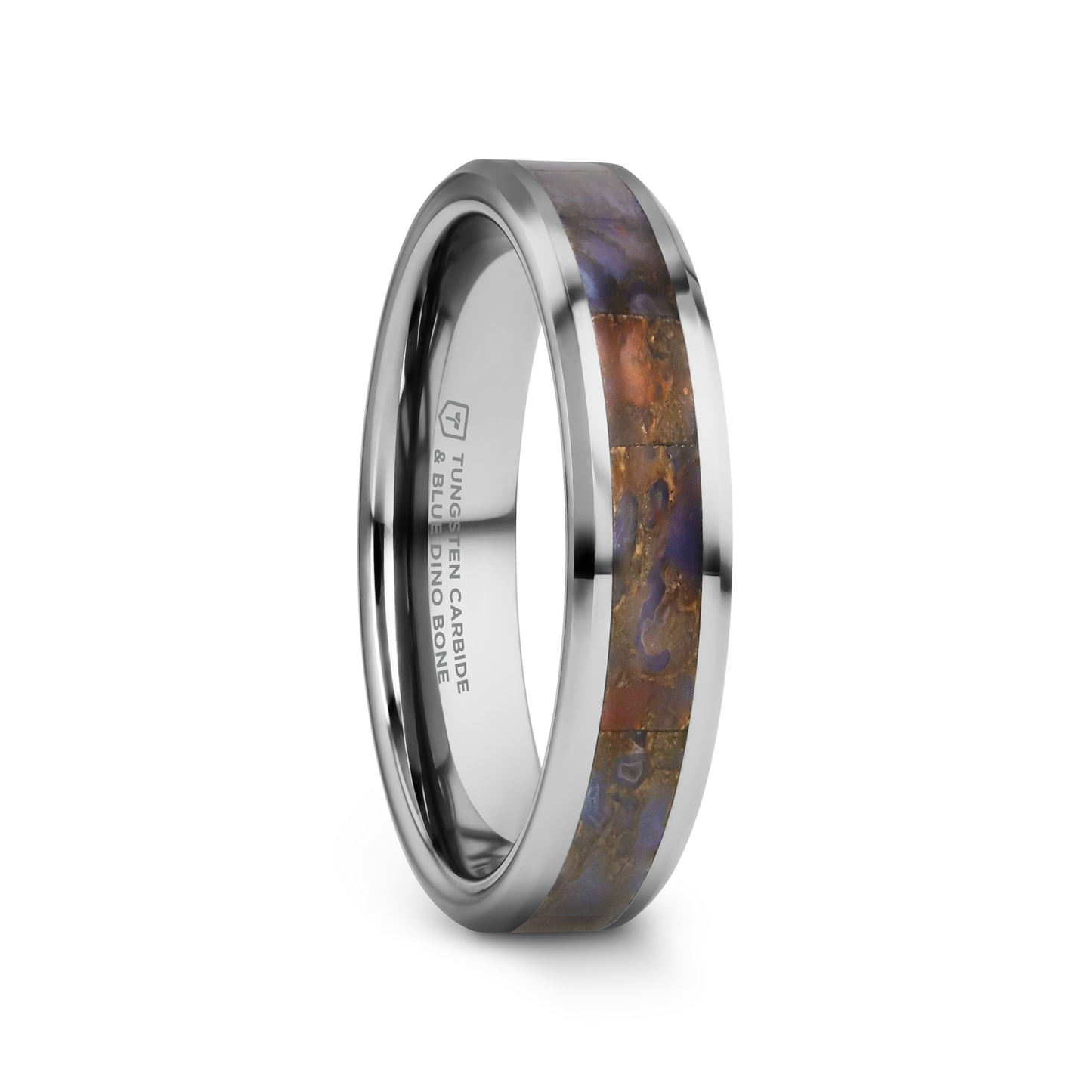DEVONIAN Blue Dinosaur Bone Inlaid Tungsten Carbide Beveled Edged Ring - 4mm or 8mm