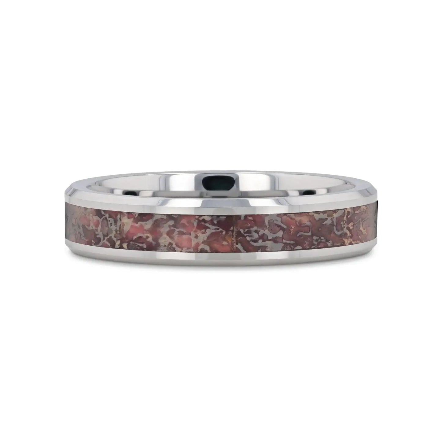 ARCHEAN Pink Dinosaur Bone Inlaid Tungsten Carbide Beveled Edged Ring - 4mm - 8mm