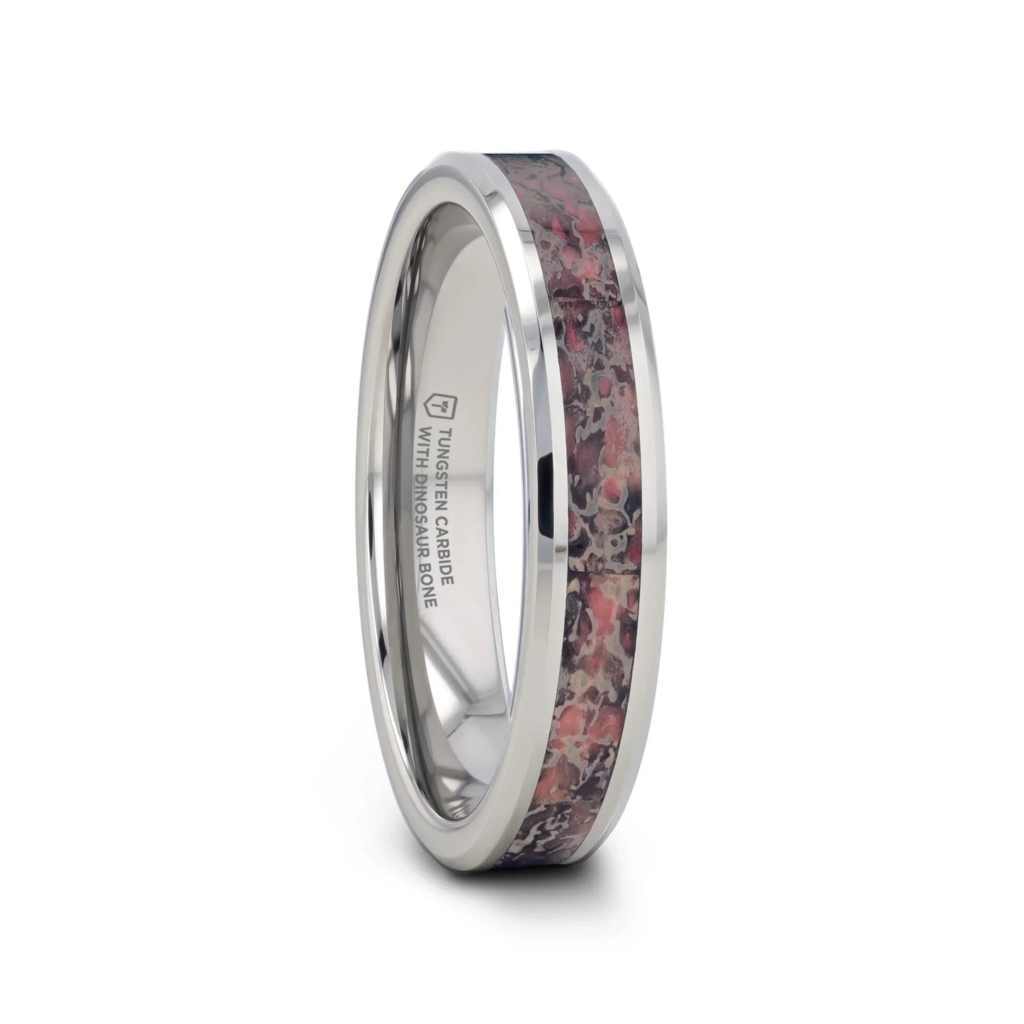 ARCHEAN Pink Dinosaur Bone Inlaid Tungsten Carbide Beveled Edged Ring - 4mm - 8mm