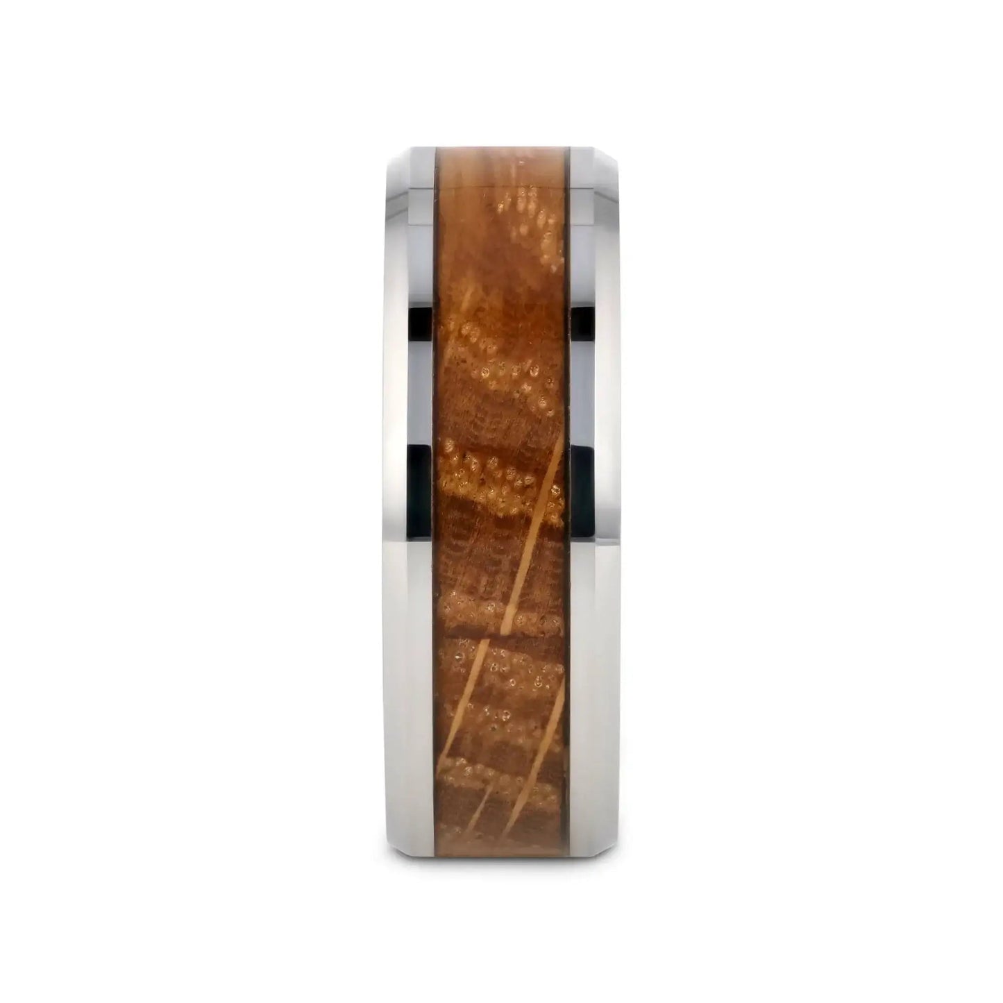 DISTILLED Whiskey Barrel Inlaid Tungsten Men's Wedding Band With Beveled Polished Edges Made From Genuine Whiskey Barrels - 8mm