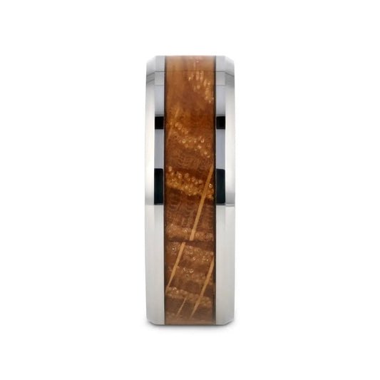 DISTILLED Whiskey Barrel Inlaid Tungsten Men's Wedding Band With Beveled Polished Edges Made From Genuine Whiskey Barrels - 8mm