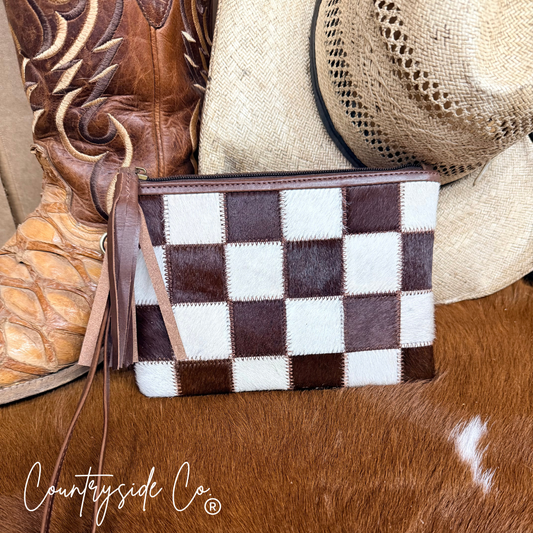 Josie Checkered Cowhide Wristlet Pouch