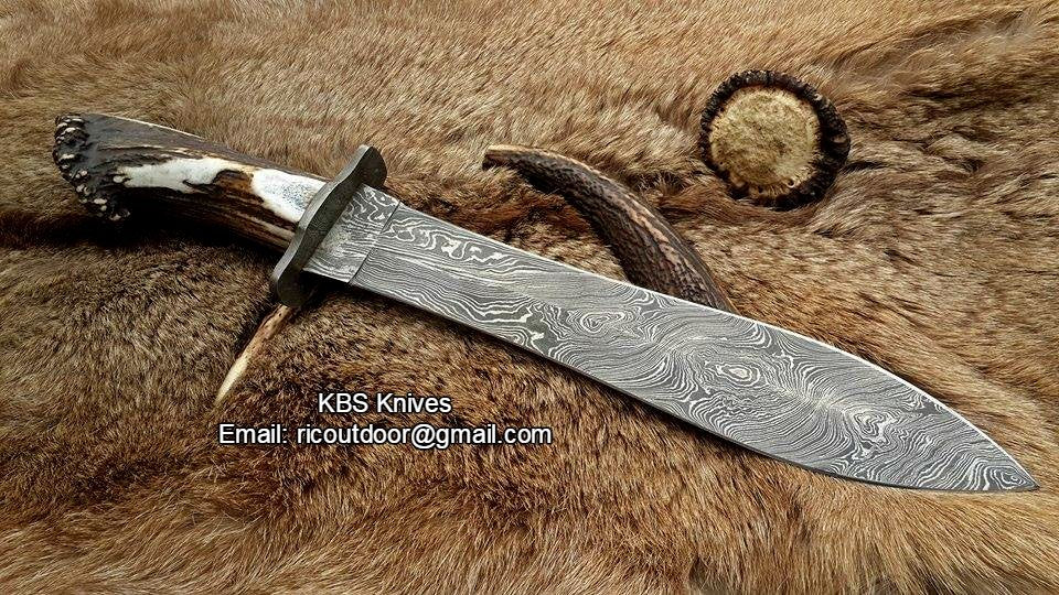 Double Edge Hunter Big Bowie Knife - Custom Handcrafted Damascus Steel Blade, Stag Horn Crown Handle with Damascus Guard, 17.5" Overall Length | Leather Sheath | KBS Knives