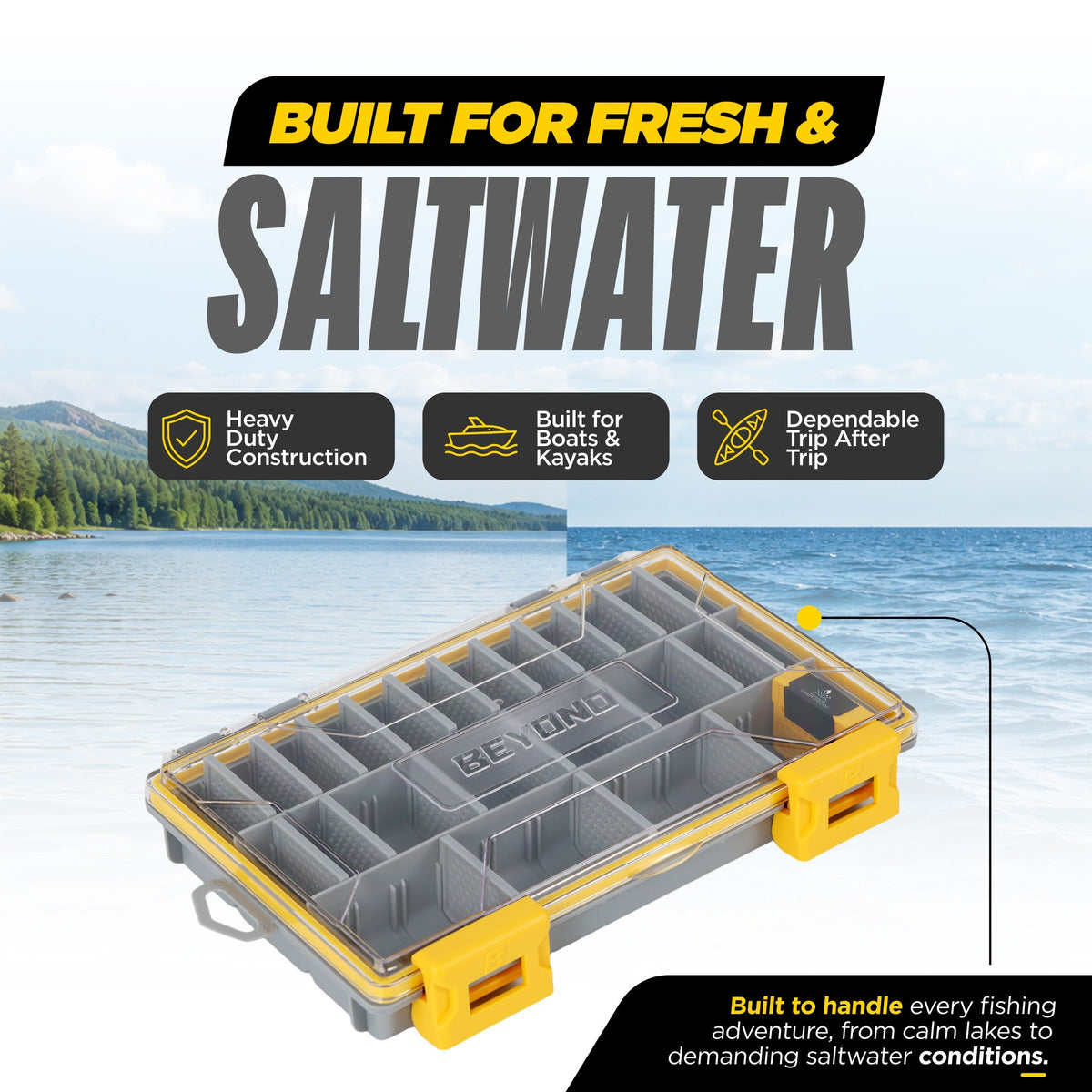 Beyond Fishing DryLock Waterproof Tackle Box, Watertight 3600 & 3700 Tackle Trays with Dual-Latch Seal, Adjustable Removable Dividers & Anti-Rust Desiccant, Lure & Terminal Tackle Organizer