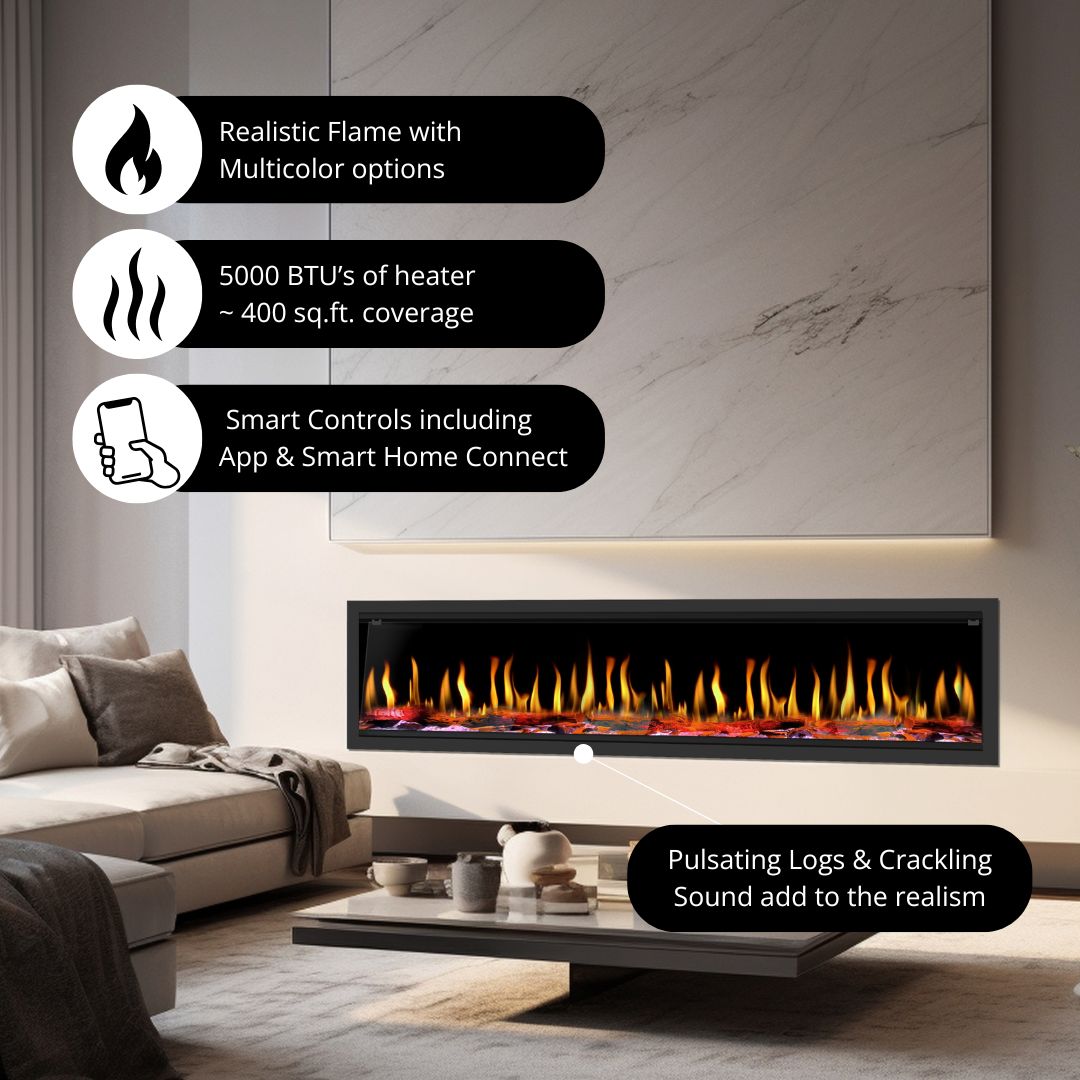 Dynasty Tempo Built-in Smart Virtual Electric Fireplace with Real Flame Effect