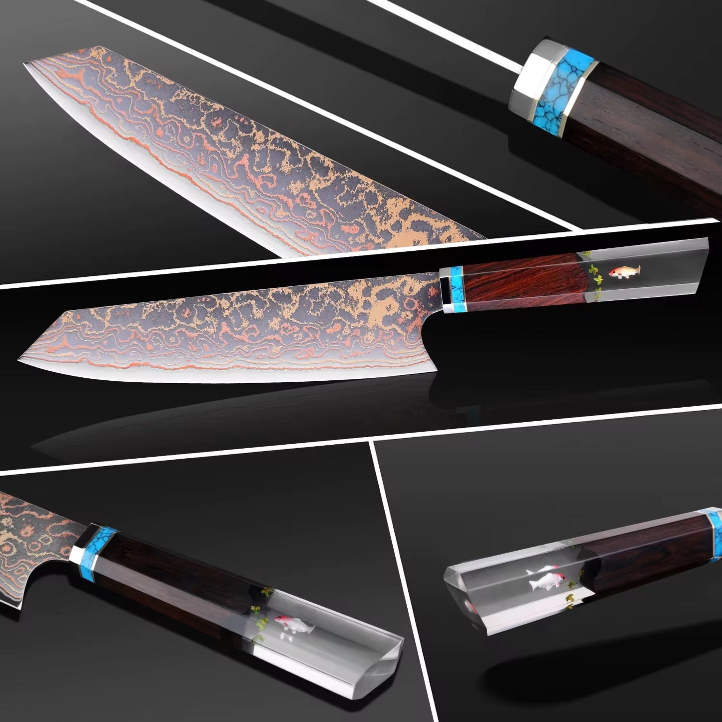 Noble Copper & Cobalt Alloy Damascus Chef Knife with Exotic Bloodwood & Resin Handle