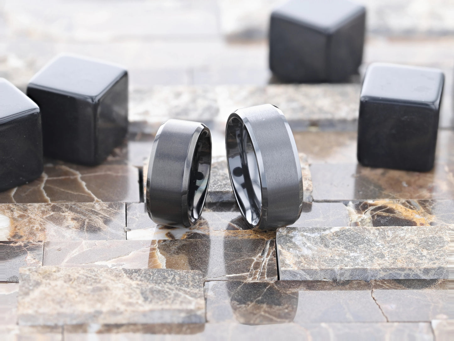 ELYSIAN Black Titanium Ring with Polished Beveled Edges and Brushed Center – 8mm