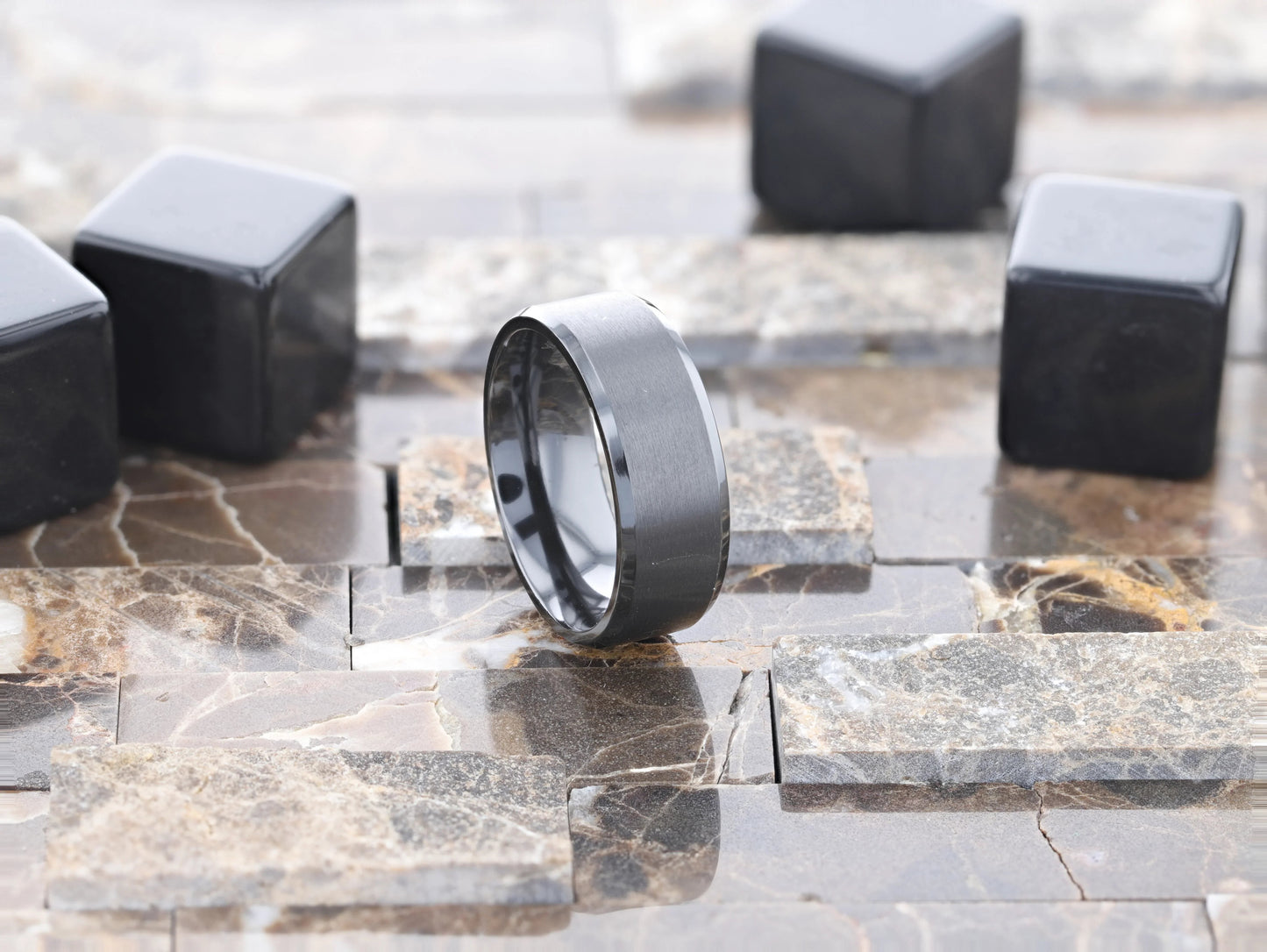 ELYSIAN Black Titanium Ring with Polished Beveled Edges and Brushed Center – 8mm