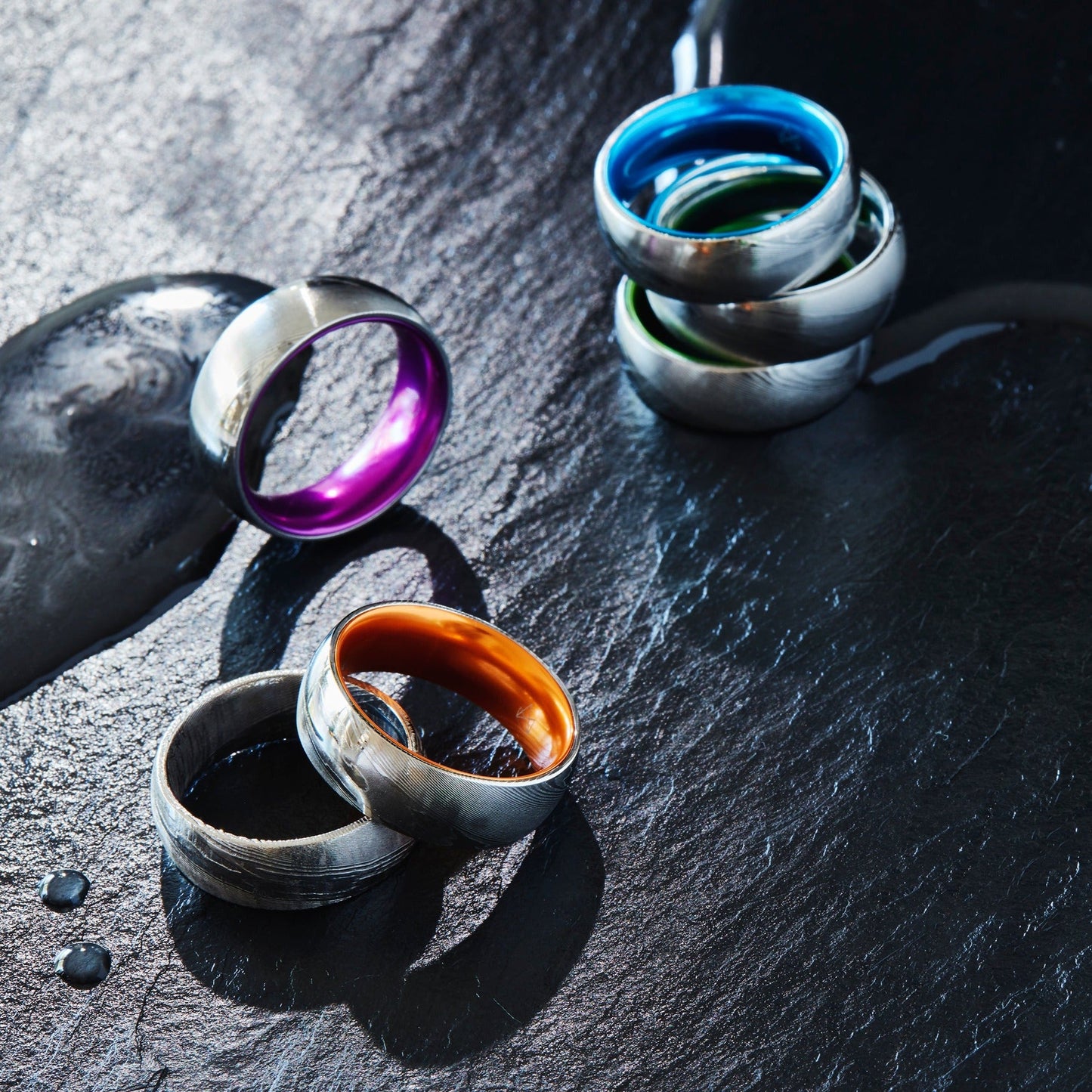 Wood Grain Damascus Steel Ring - Resilient Blue