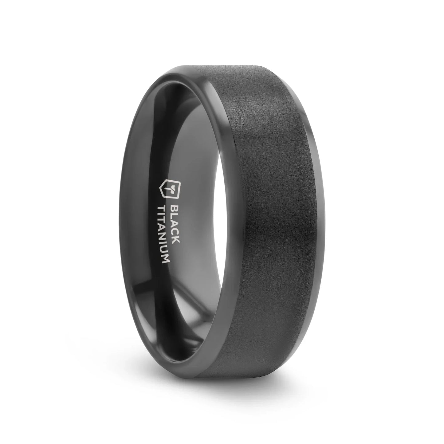 ELYSIAN Black Titanium Ring with Polished Beveled Edges and Brushed Center – 8mm