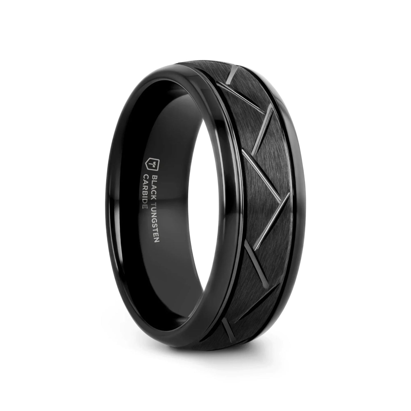 ENIGMA Domed Black Tungsten Ring with Brushed Cross Alternating Diagonal Cuts Pattern – 8mm