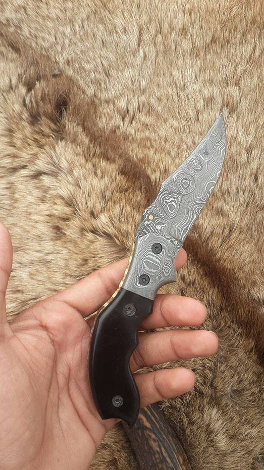 Everyday Carry Custom Handcrafted Damascus Steel Folding Pocket Knife with Buffalo Horn & Damascus Bolster Handle – The Legacy