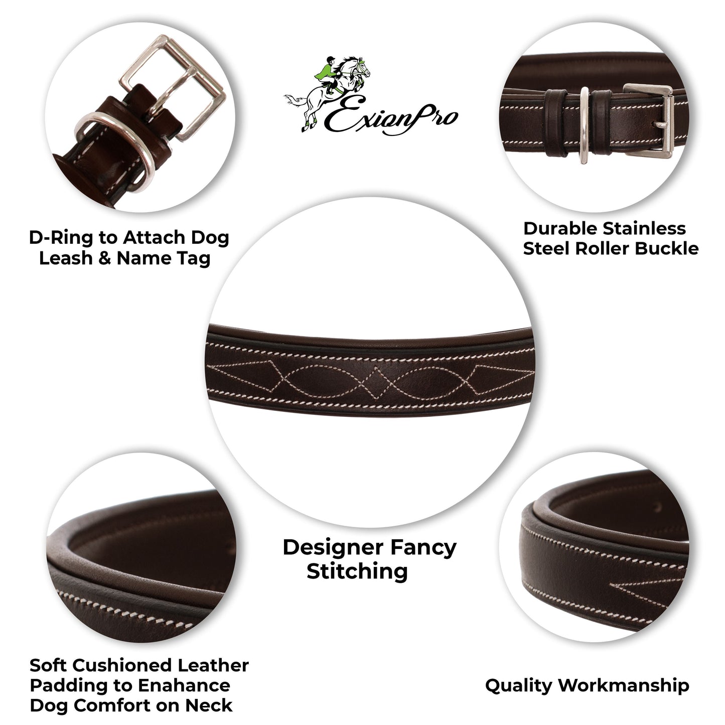 ExionPro Fancy Stitched Padded Leather Dog Collar - Oak Brown Padding