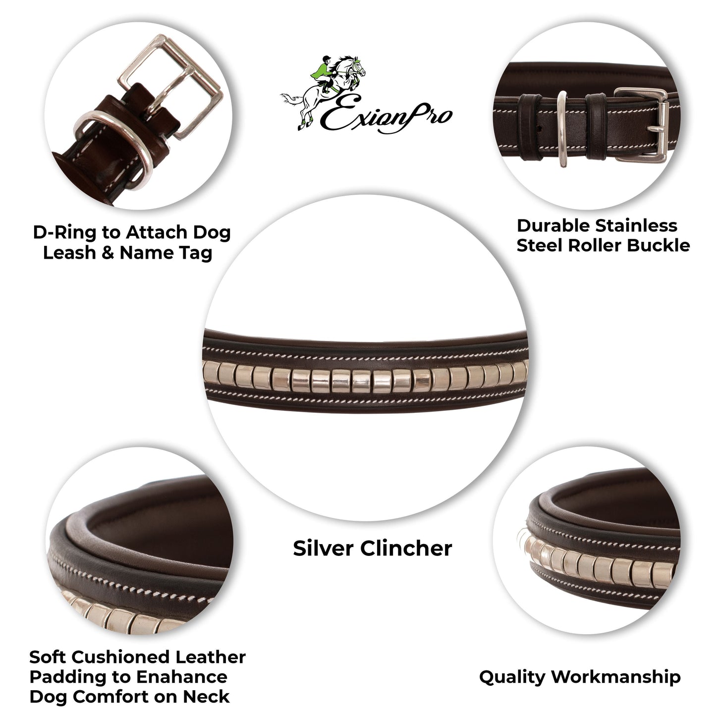 ExionPro Silver Clincher Padded Leather Dog Collar - Pink Padding
