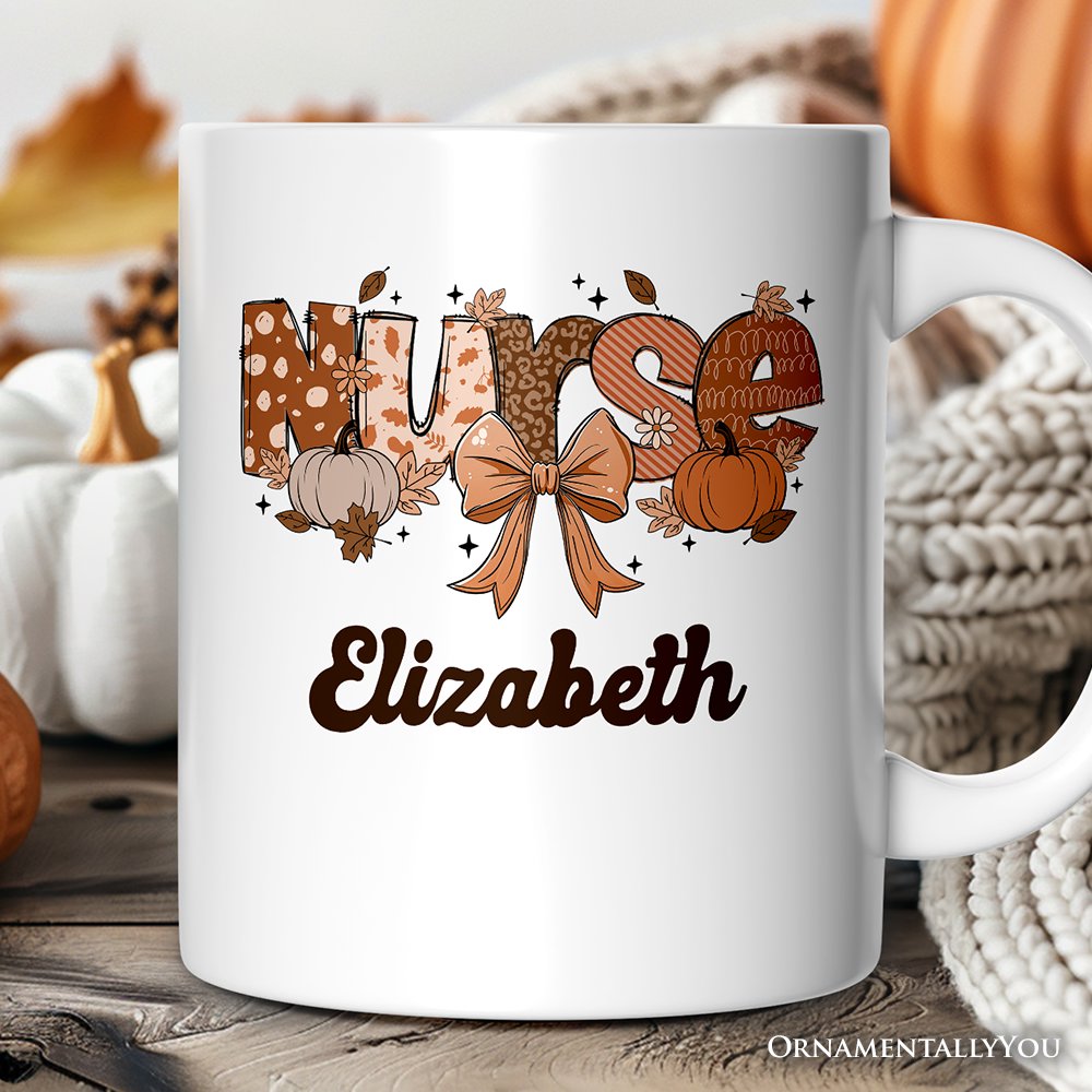 Nurse Coquette Autumn Personalized Mug, Cozy Fall Pumpkins Gift with Custom Name