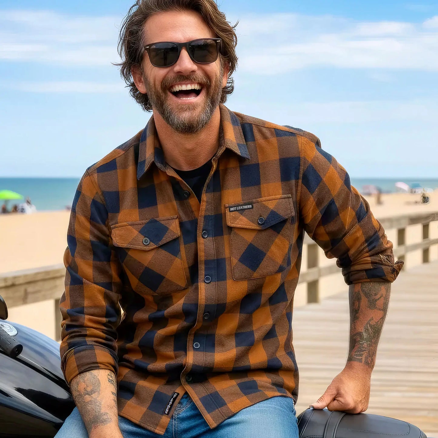 Hot Leathers Men's 'Long Haul' Navy/Brown Cotton Flannel Shirt - Button Front - Riding/Casual/ Work Wear - FLM2016