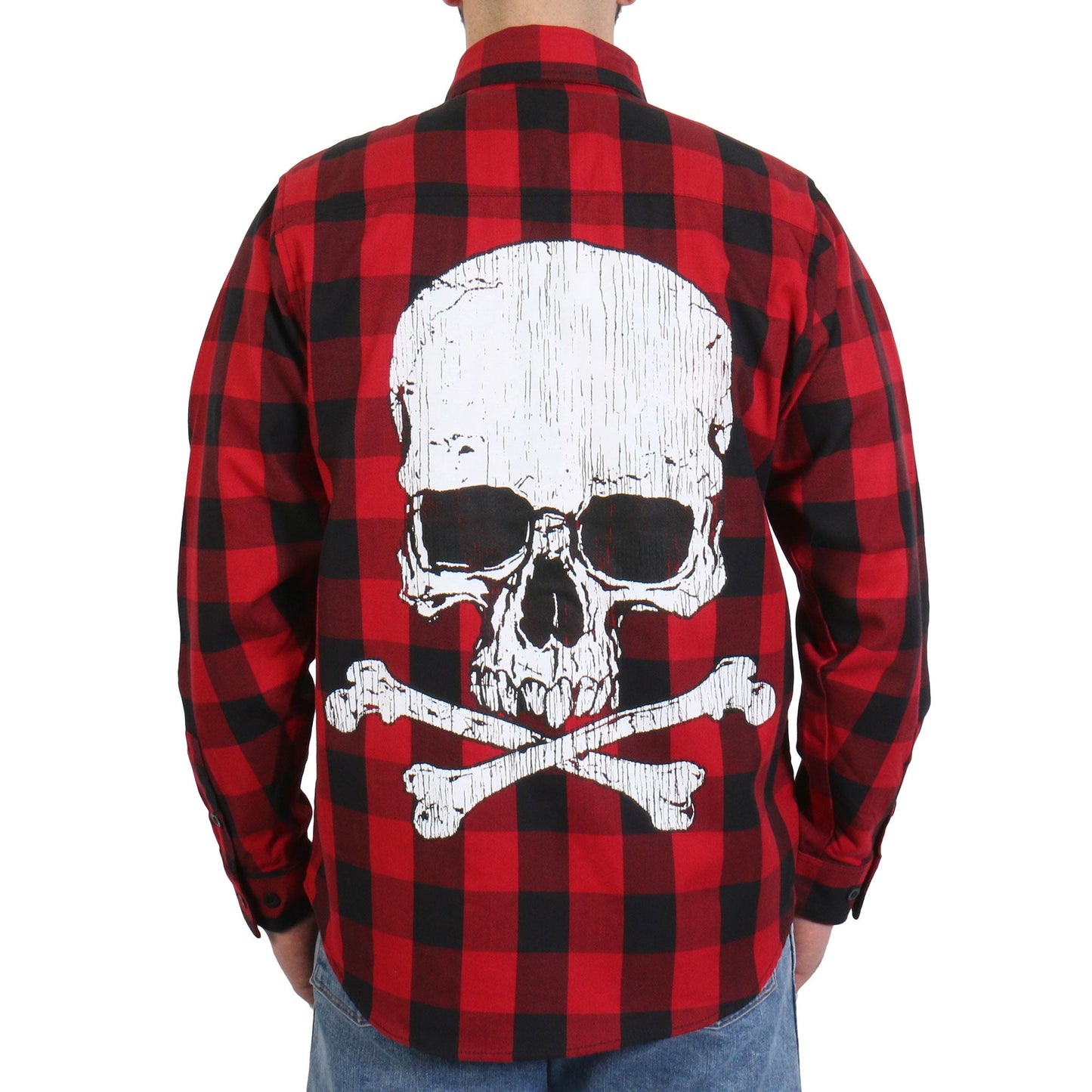Hot Leathers Men's 'Skull & Bones' Black/Red Cotton Flannel Shirt - Button Front - Riding/Casual/ Work Wear - FLM2103