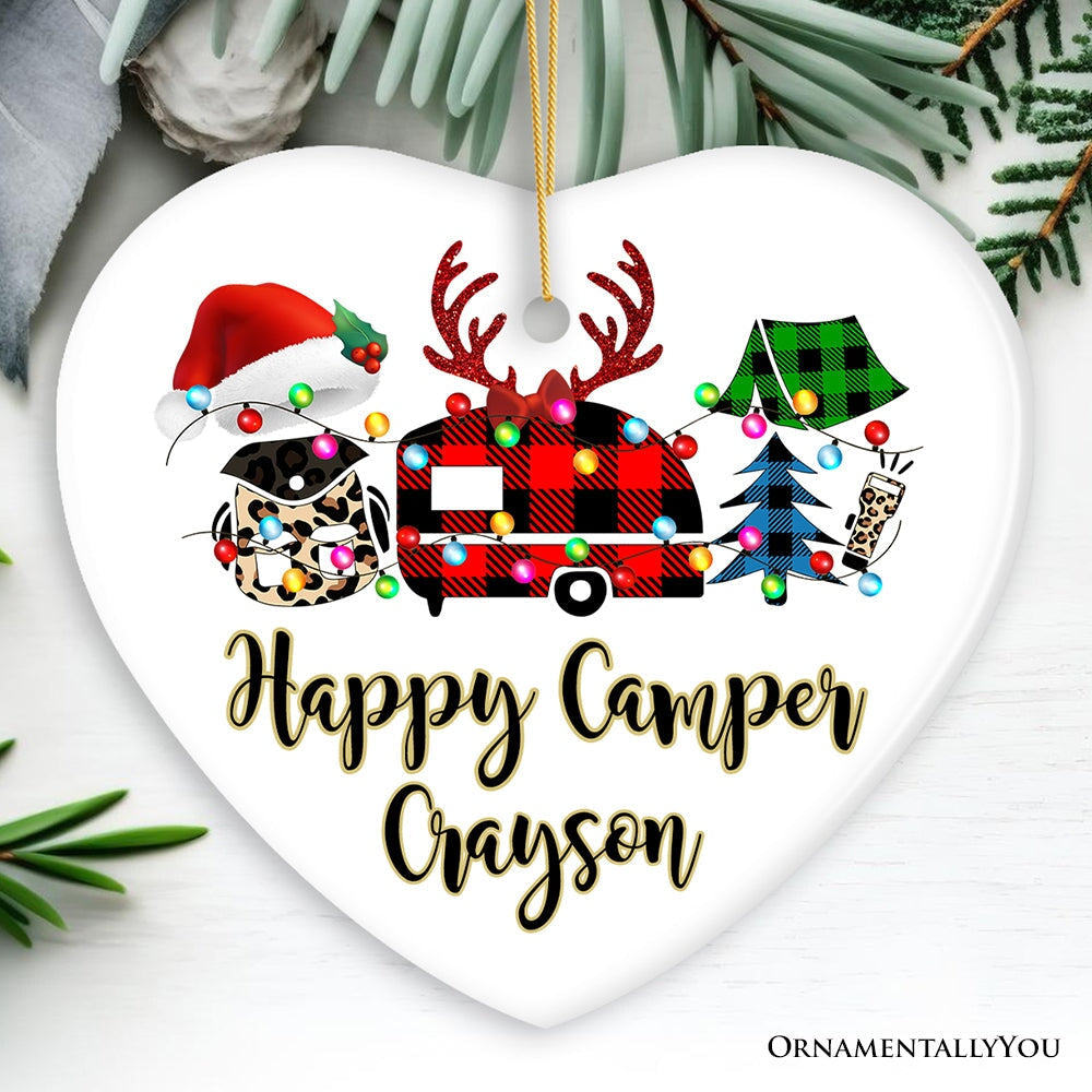 Personalized Camp Buffalo Plaid Leopard Merry Christmas Ornament, Camping Friends Gift