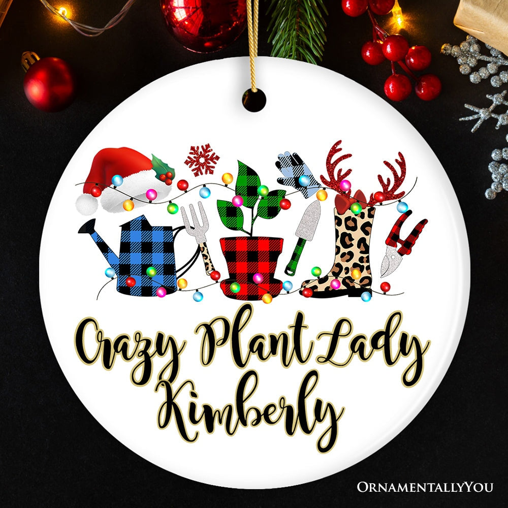 Personalized Plant Lover Gift Buffalo Plaid Leopard Merry Christmas Ornament, Botanical Gift