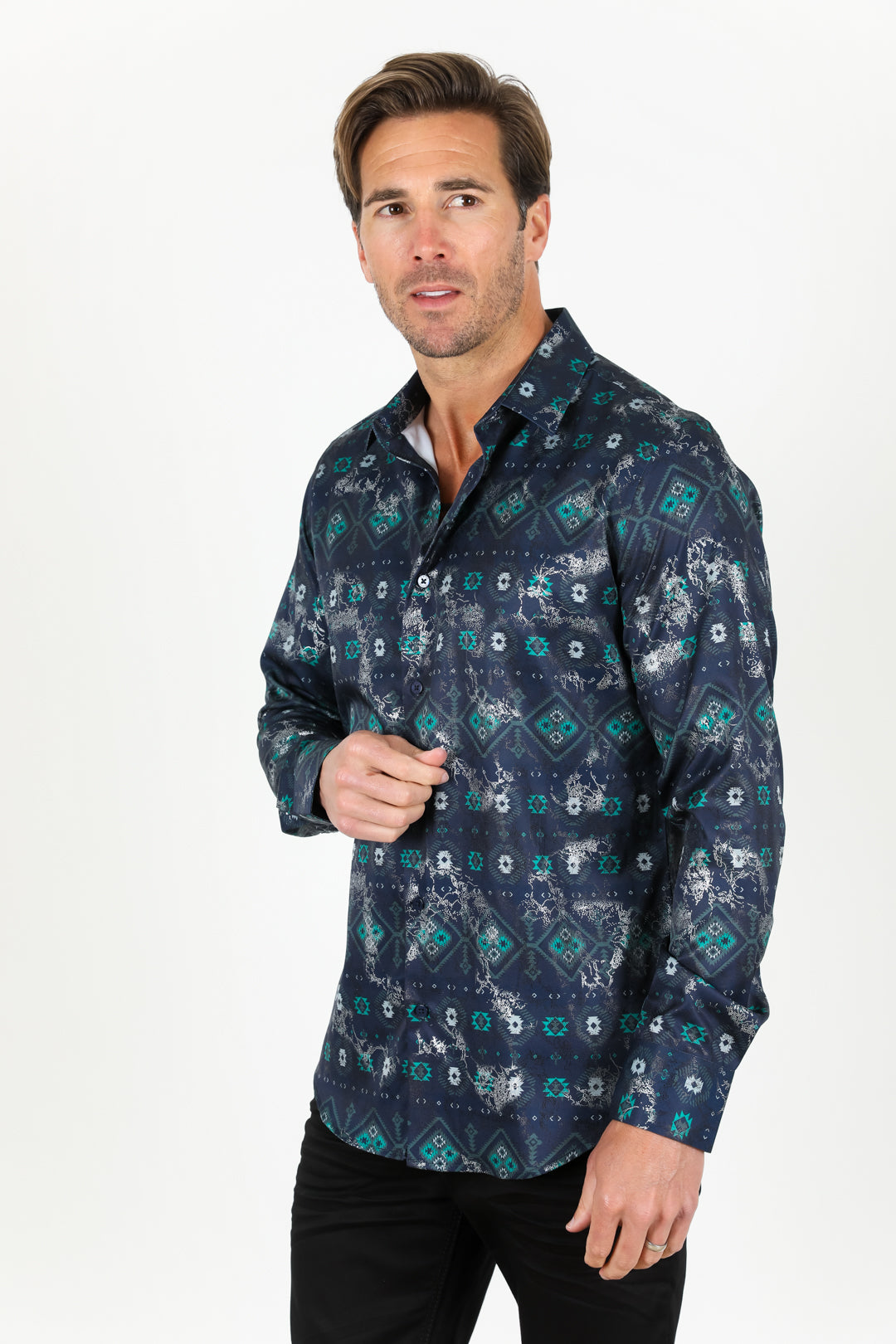 Mens Modern Fit Stretch Foiled Shirt - Navy