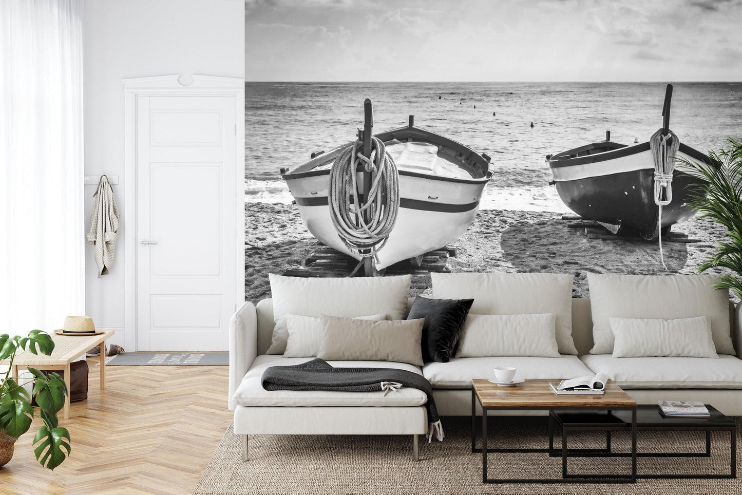 Black and White Nautical Theme Wallpaper Mural. Boat on Shore Wall Mural. #FT-380