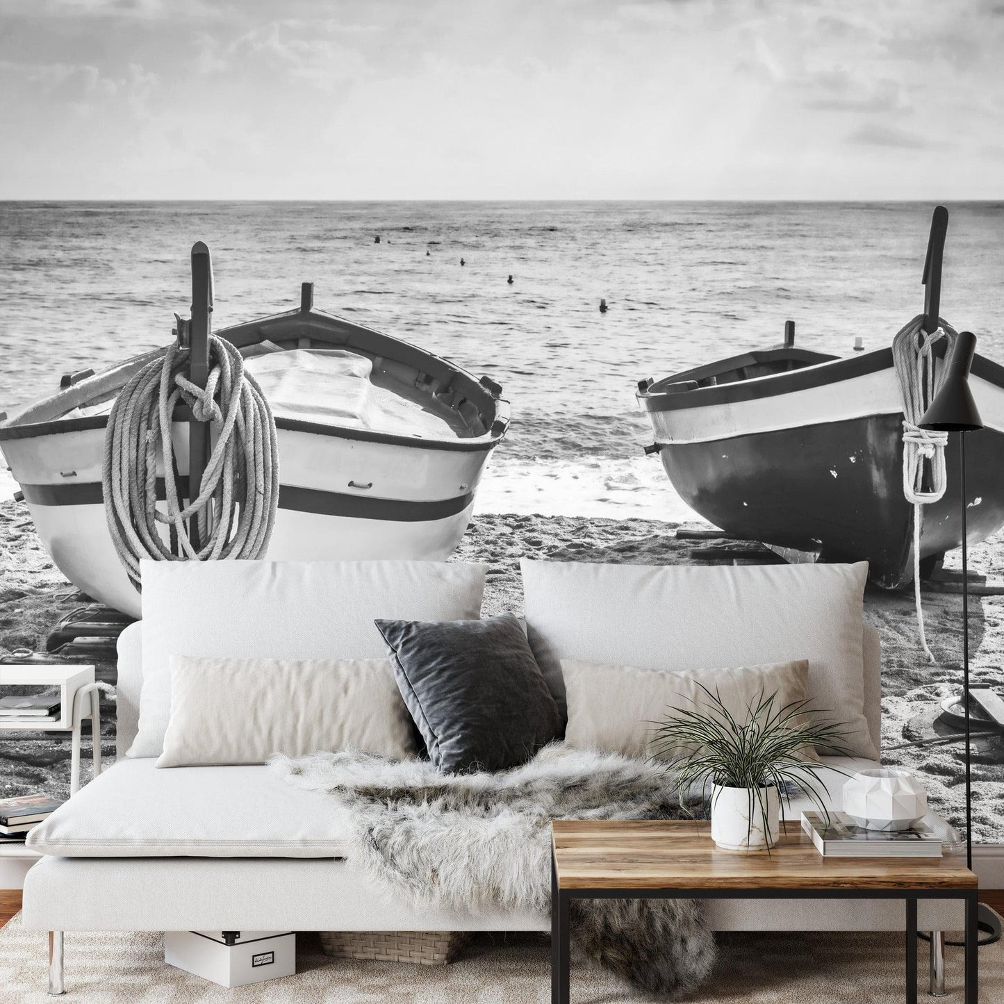 Black and White Nautical Theme Wallpaper Mural. Boat on Shore Wall Mural. #FT-380
